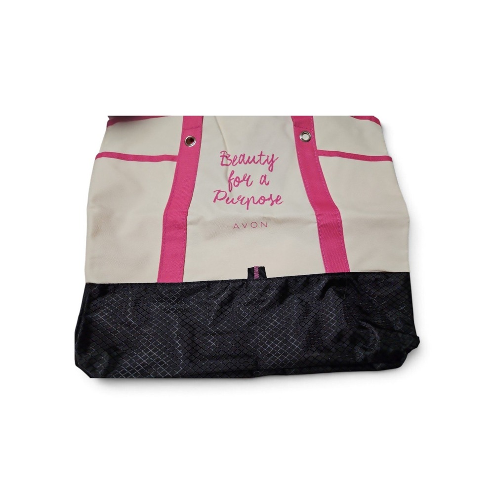 Avon Beauty for a Purpose Tote Bag Pink Cream Black Shoulder Bag Pocketed 0405